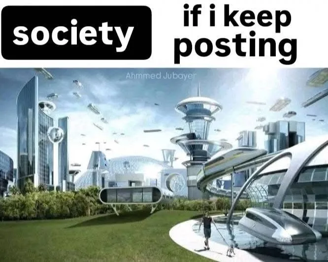 A futuristic cityscape with flying vehicles and sleek architecture, where a person walks a dog on a path. Overlaid text…