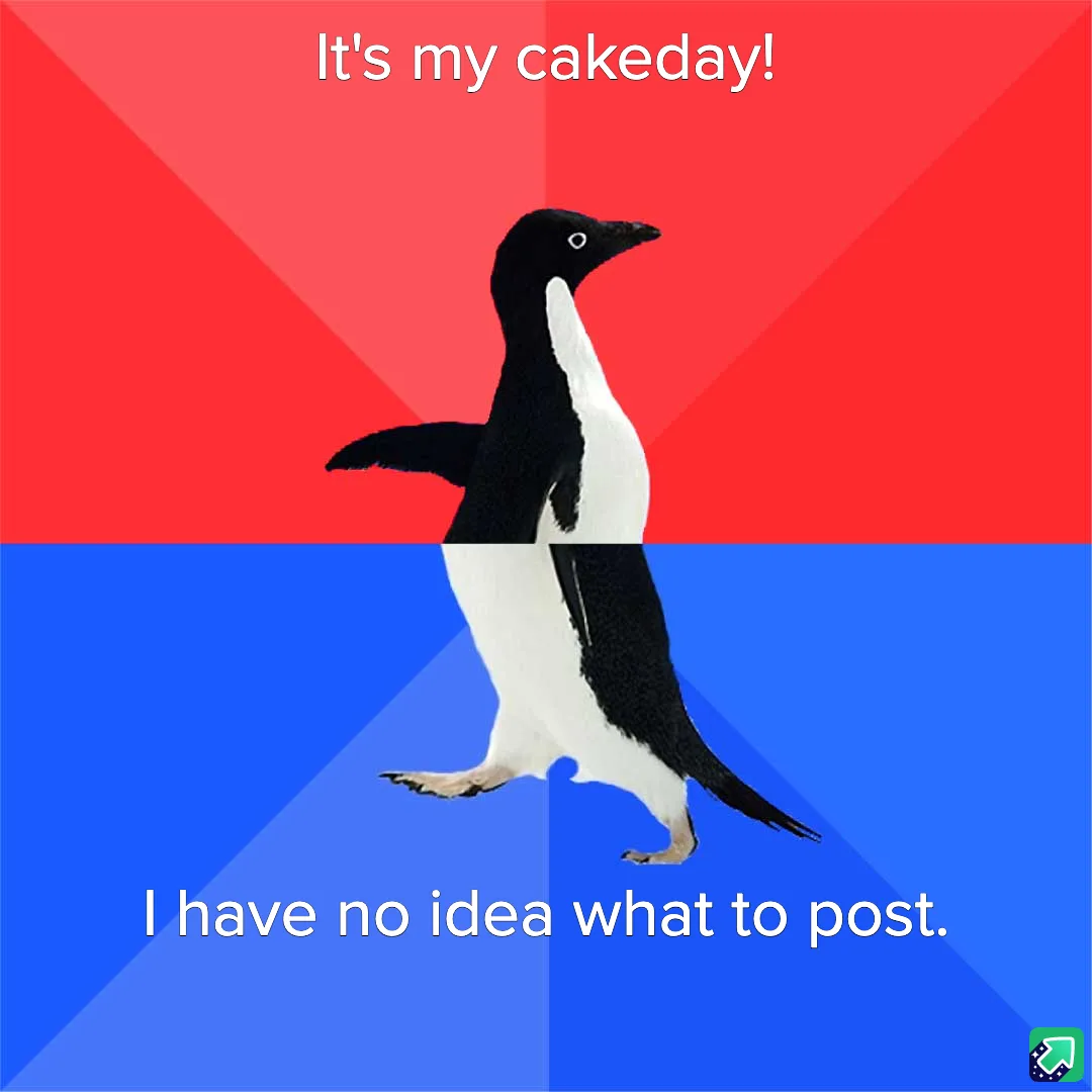 A penguin stands centered against a red and blue background split diagonally. White text at the top reads 'It's my cakeday!'…