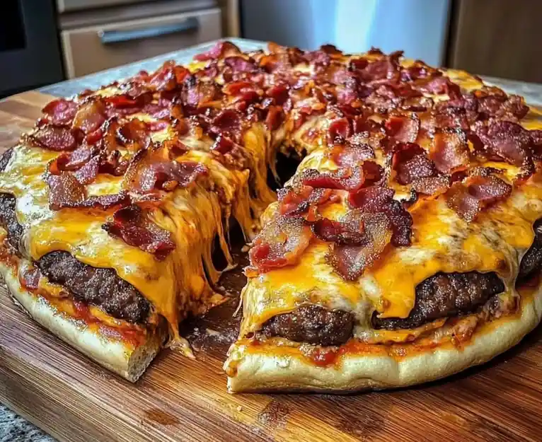 A large, round pizza with a thick crust, topped with melted cheese, crispy bacon, and hamburger patties visible between the…