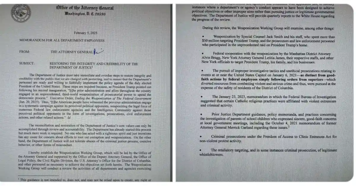 A two-panel image displays a fake memorandum from the Office of the Attorney General dated February 5, 2025, titled…
