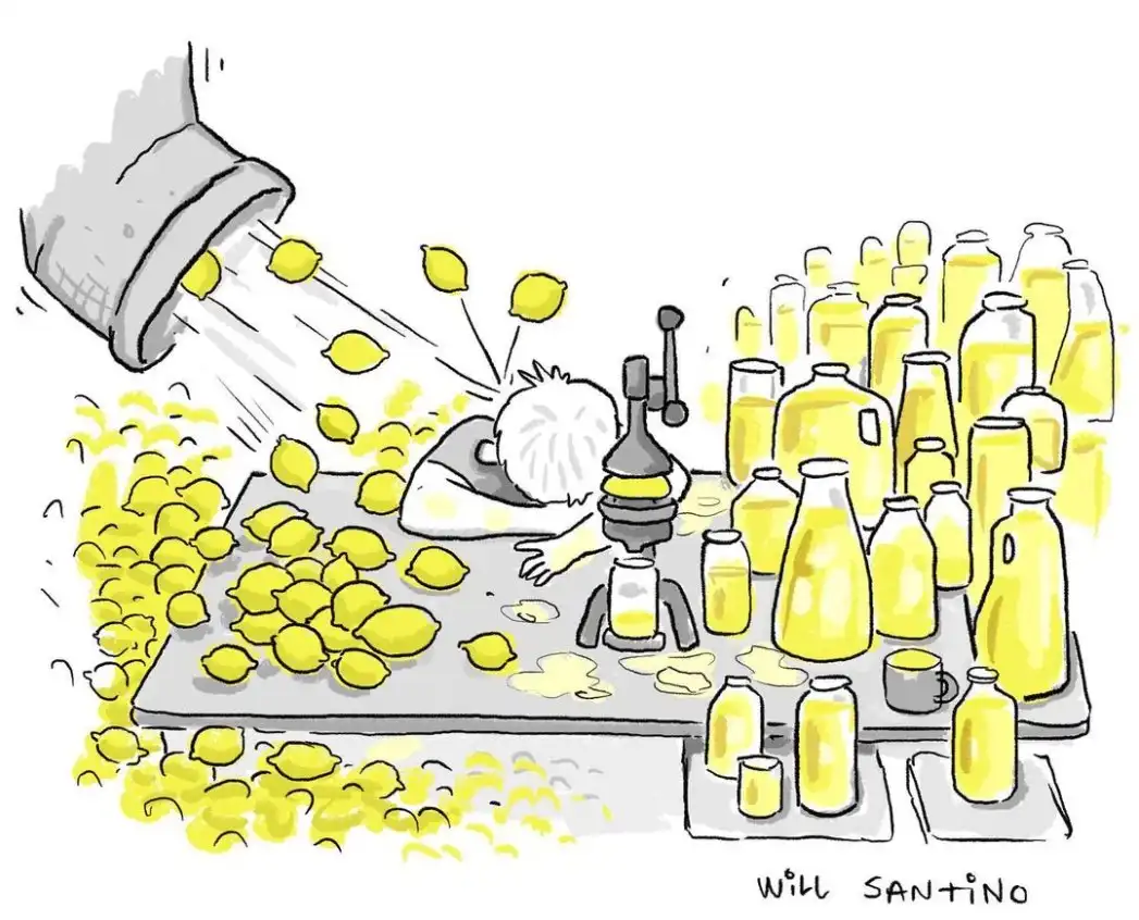 A cartoon depicts a person with white hair slumped over a lemon juicer, overwhelmed by a flood of lemons pouring from a…