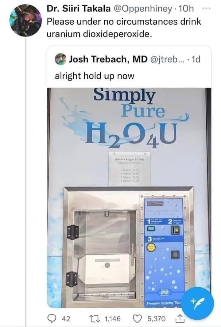 A screenshot of a tweet from Josh Trebach, MD, showing a water vending machine with the brand name 'Simply Pure H2O4U'…