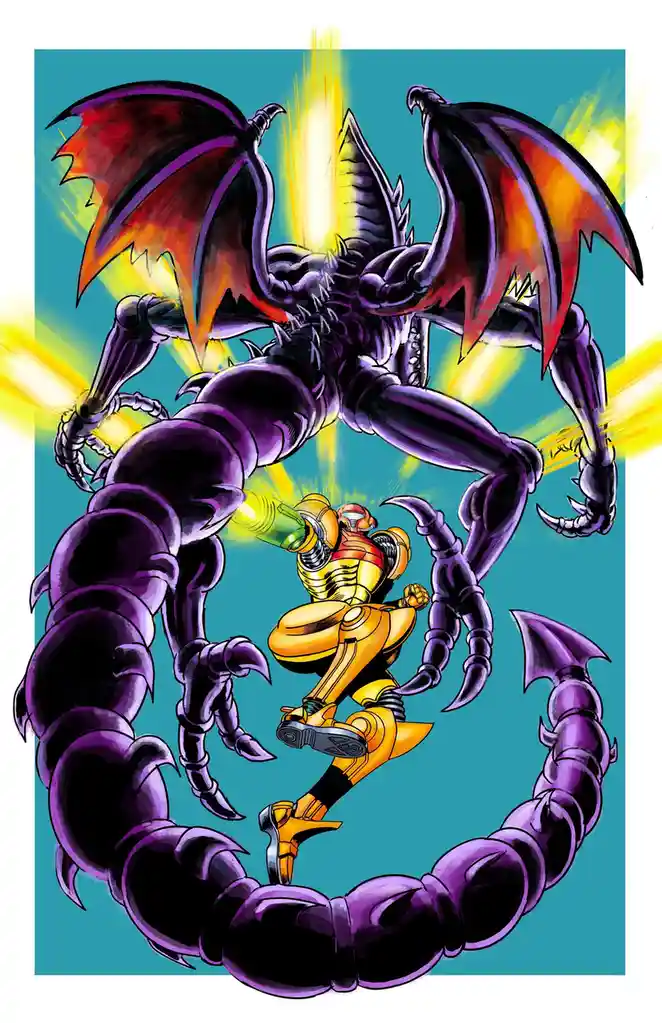 A golden-armored warrior in a dynamic pose fires a green energy blast at a massive, menacing purple scorpion-like monster…