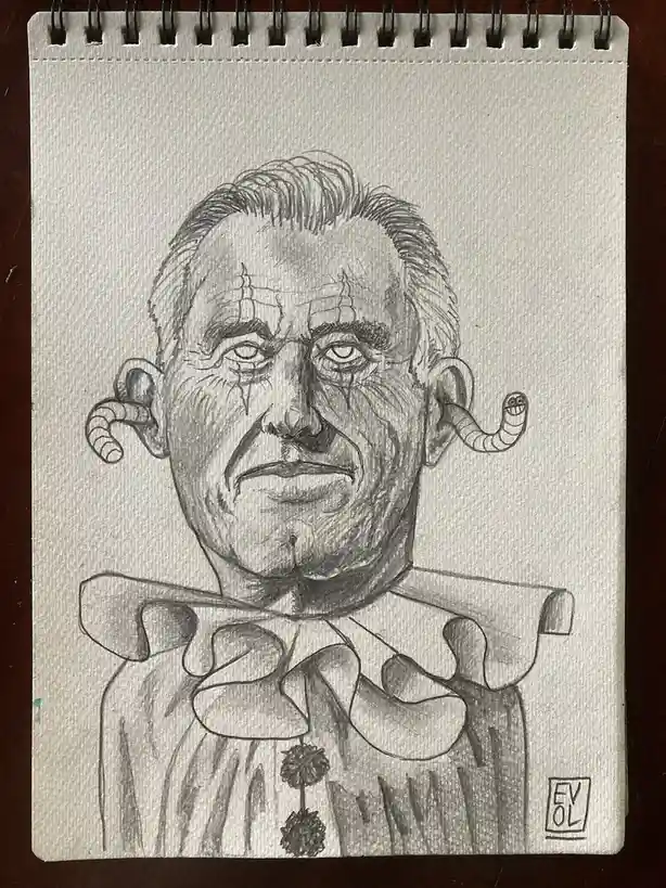 A pencil sketch on a spiral-bound notebook page depicts a man with a stern, wrinkled face and a large, ornate collar. Two…