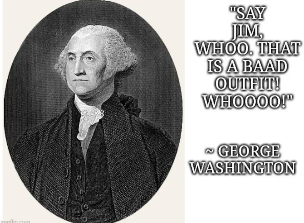 A black-and-white portrait of George Washington in formal 18th-century attire is shown on the left, while the right side…