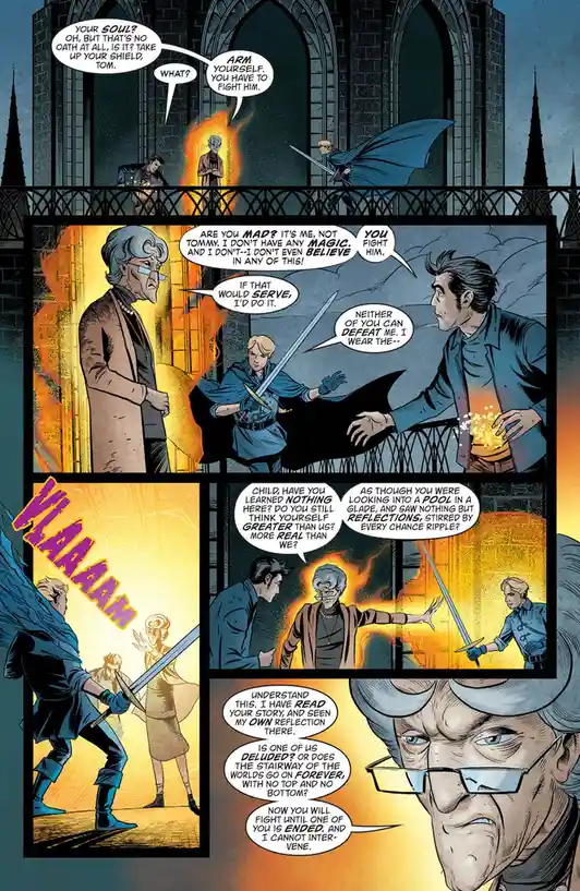 A comic book panel shows a confrontation between a wizard and two young men. One young man, Tommy, is told to arm himself to…