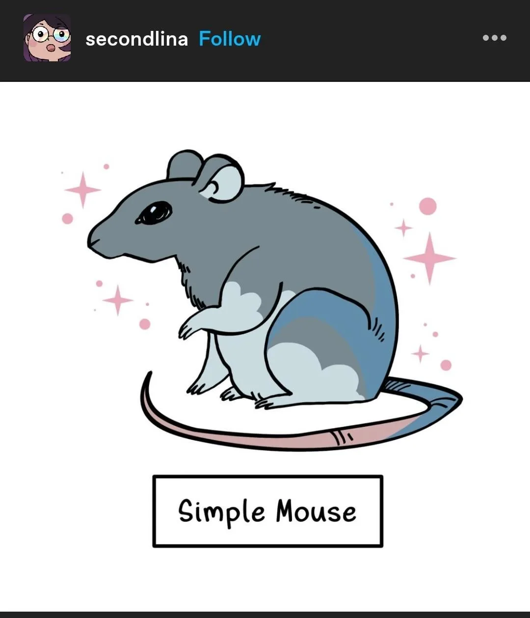 A cartoon gray mouse sits upright on a white circular platform, surrounded by pink sparkles. Below the mouse is a…