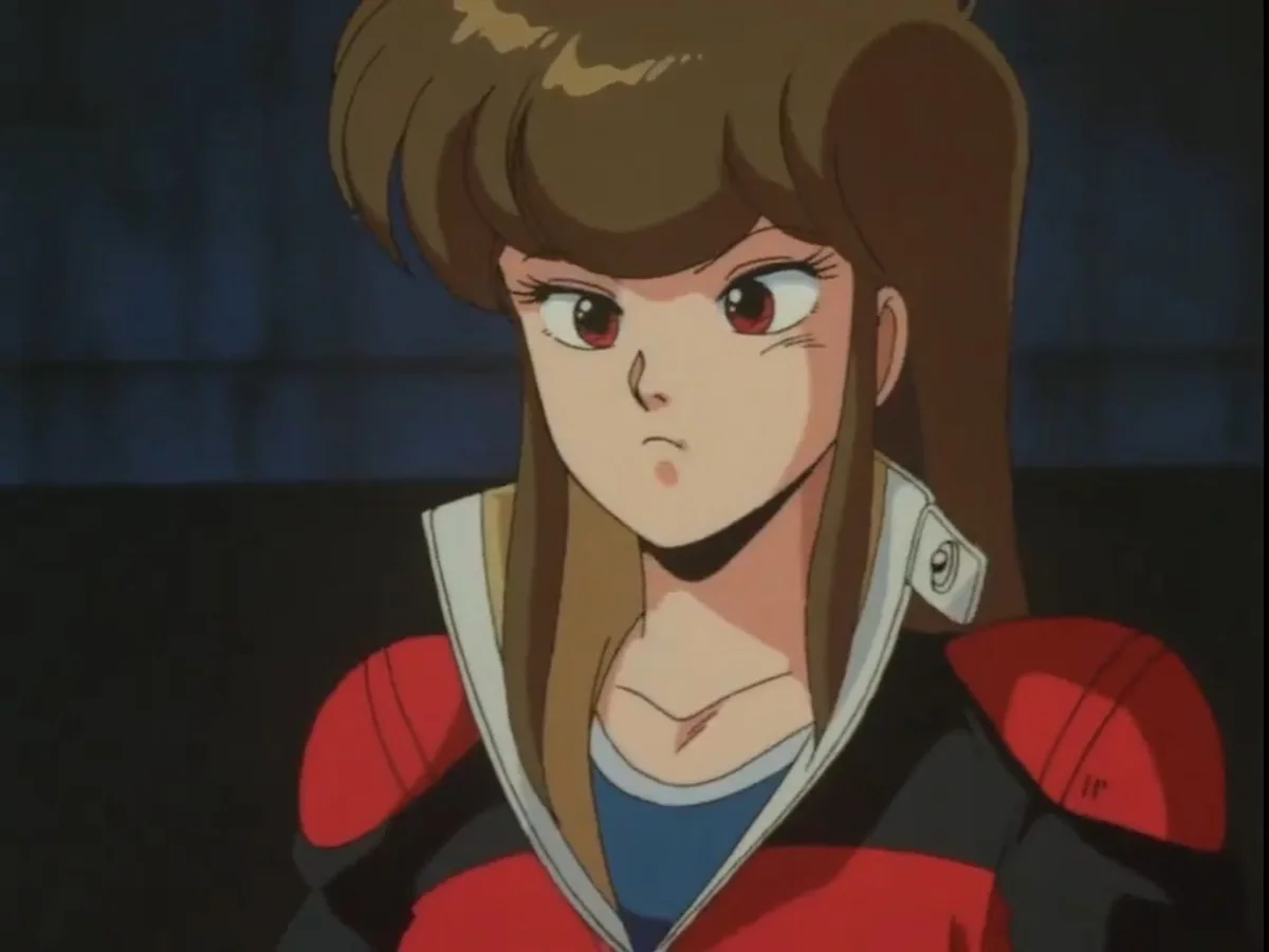 a close-up of an anime girl with brown hair and red eyes, wearing a red and black outfit with a white collar, looking…