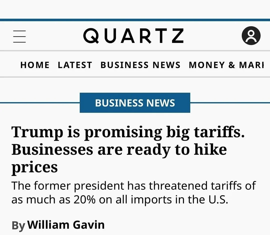 A screenshot of a Quartz news article with the headline 'Trump is promising big tariffs. Businesses are ready to hike…