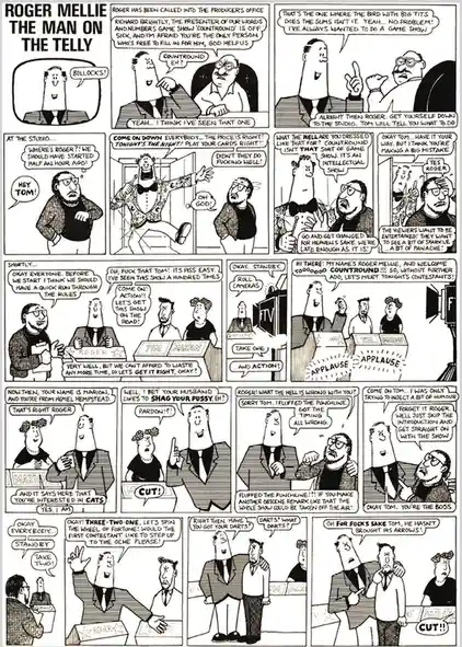 A black-and-white comic strip titled 'Roger Mellie the Man on the Telly' depicts a game show host, Roger, who is called in…