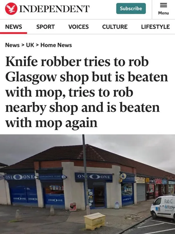A screenshot of a news article from the Independent with a headline about a knife robber who was beaten with a mop at a…