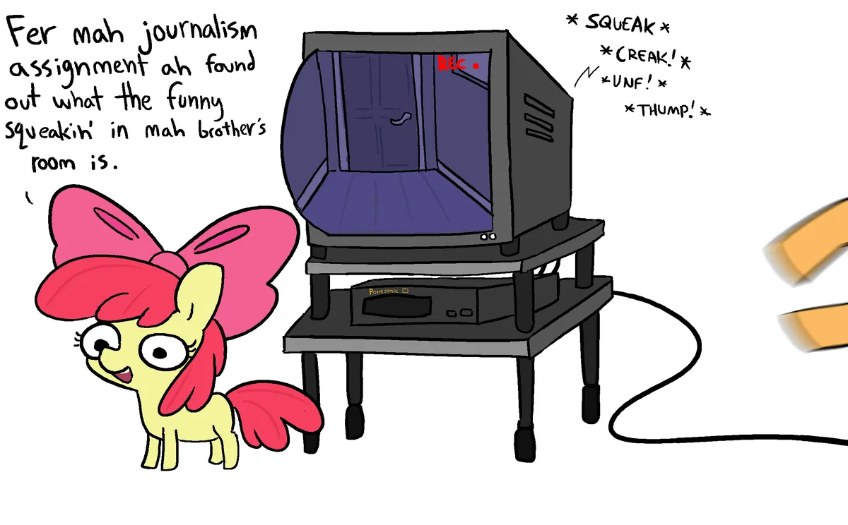 A cartoon pony with a large pink bow stands beside a vintage TV setup on a stand, which shows a 'REC.' indicator and has…