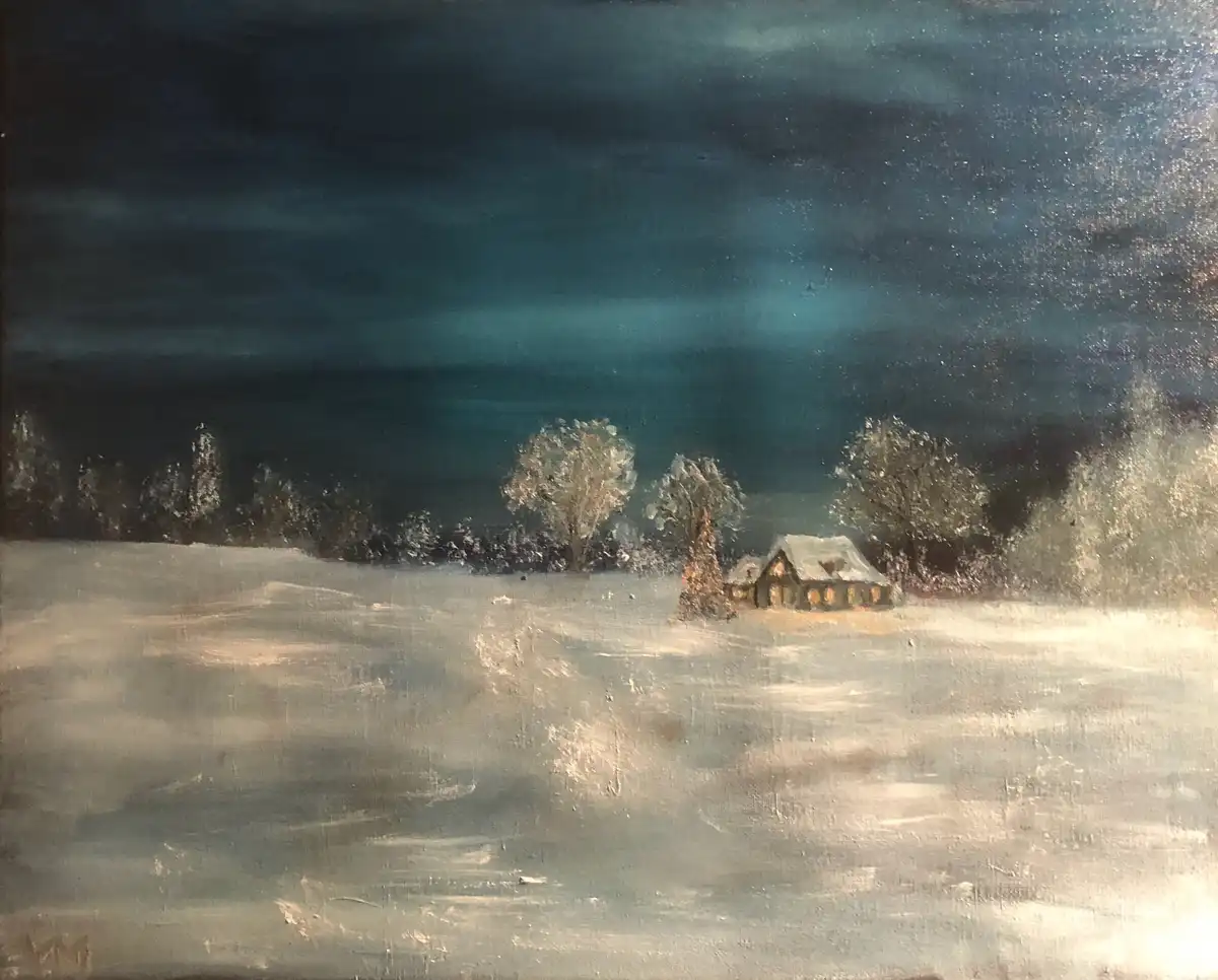 A painting depicts a small, snow-covered cabin in a vast, snowy field under a dark, starry night sky, with frost-covered…