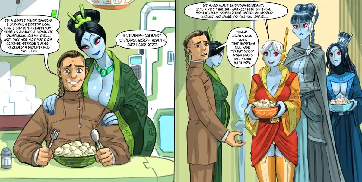 A two-panel comic strip featuring a human miner named Ivanius happily eating dumplings with a blue-skinned Tau woman, who…