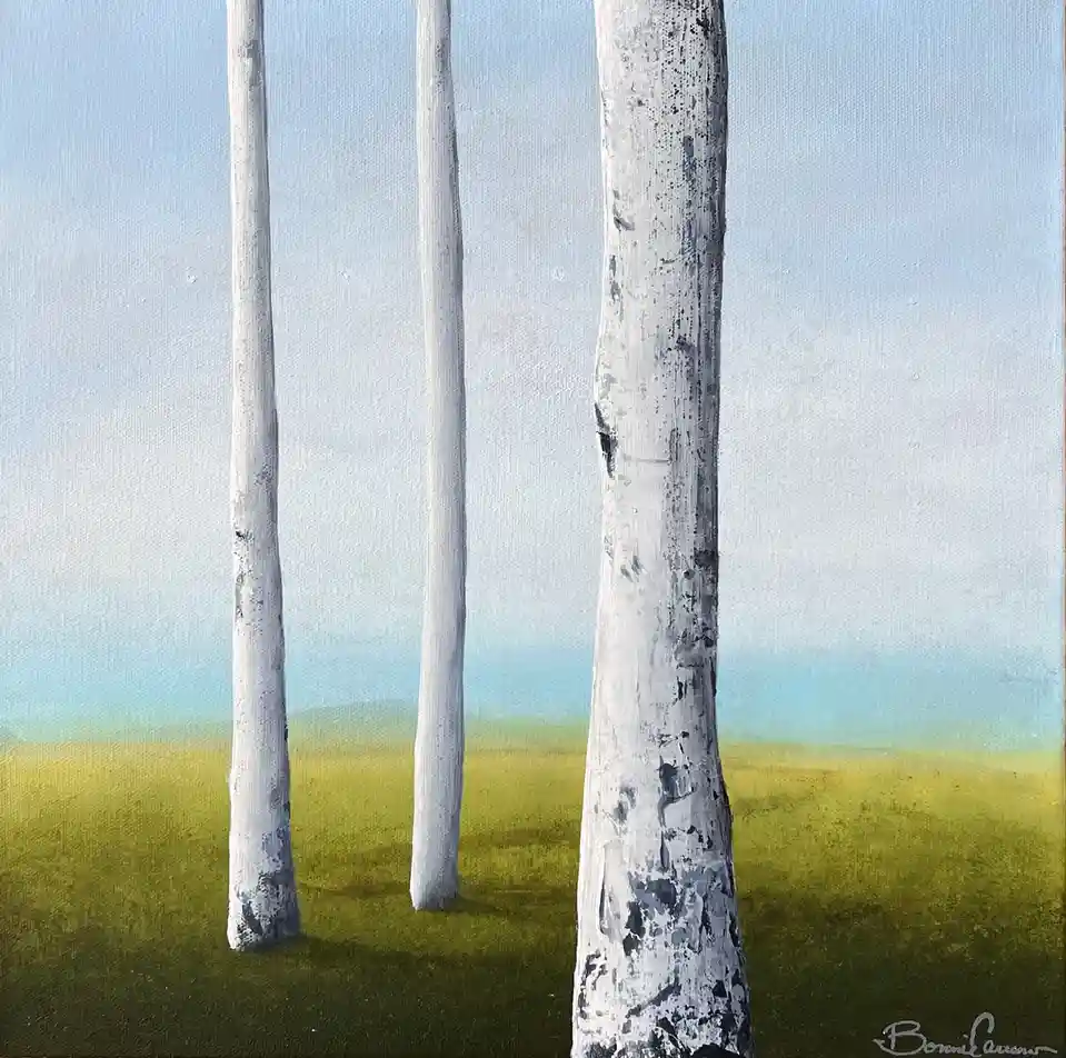A painting of three slender, white-barked trees standing in a green field under a pale blue sky, with the text 'i'm not…