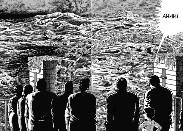A black-and-white manga panel shows a group of people in silhouette standing on a viewing platform, looking down at a…