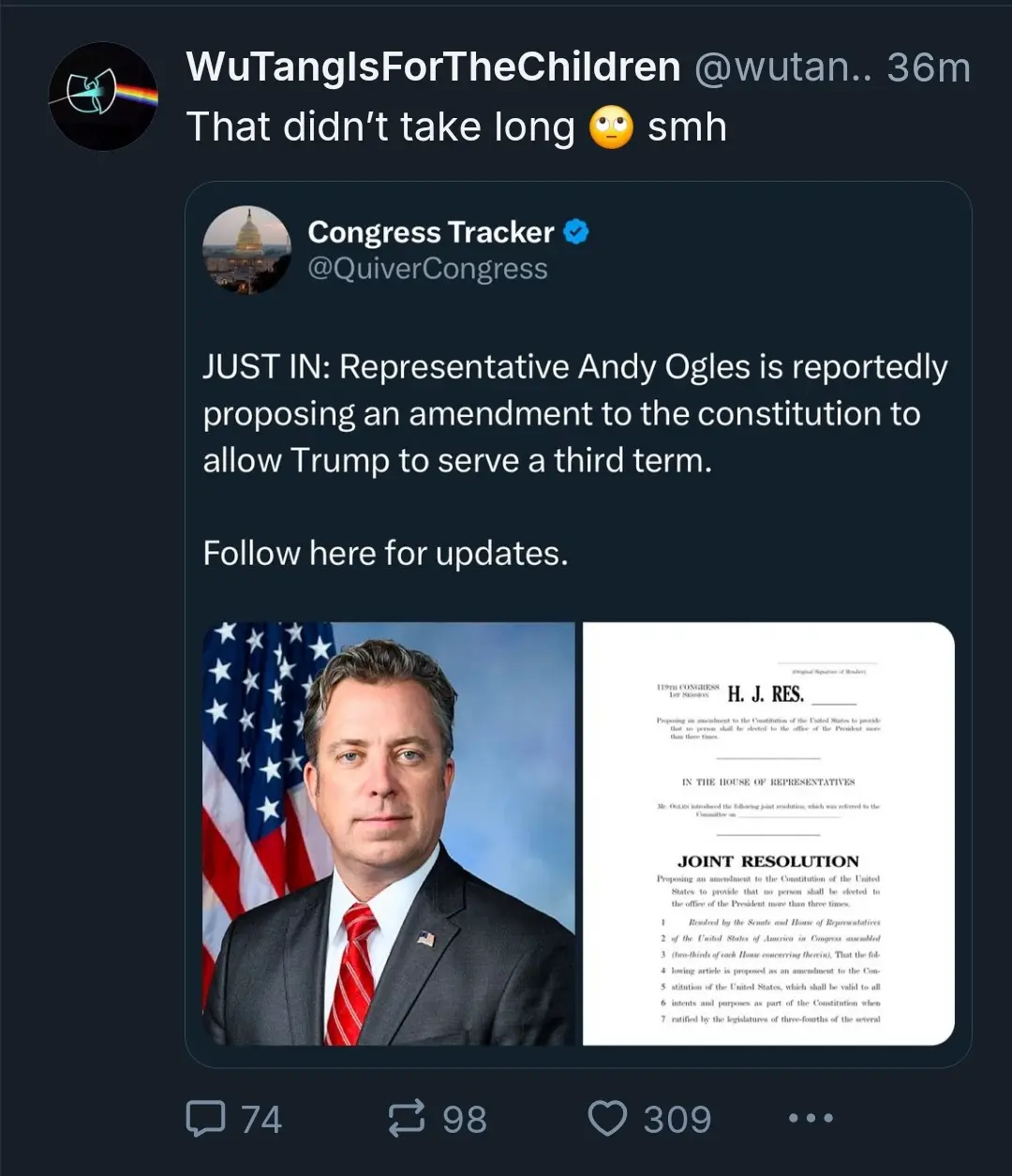 A screenshot of a tweet from 'Congress Tracker' reporting that Representative Andy Ogles is proposing a constitutional…