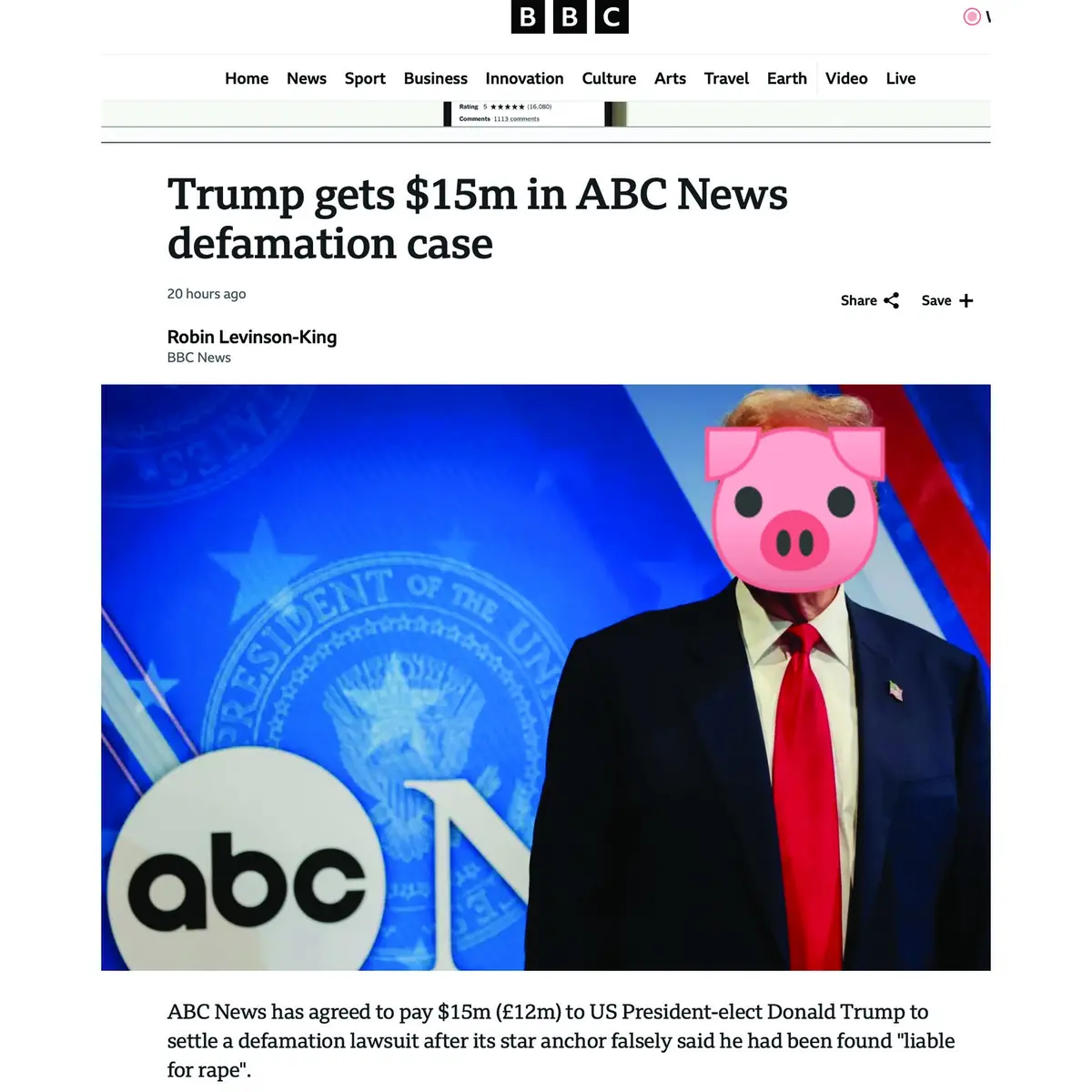 A screenshot of a BBC News article headline about Donald Trump receiving $15 million from ABC News in a defamation case…