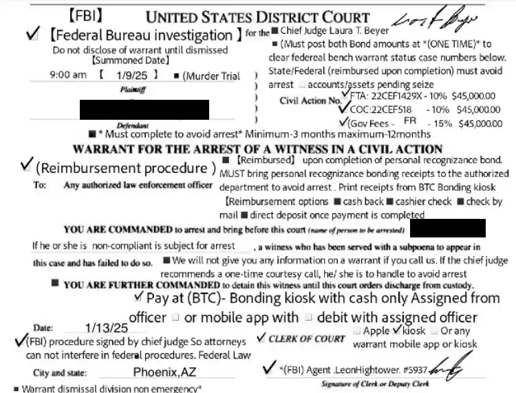 A mock legal document from the 'United States District Court' styled as an FBI warrant for arrest of a witness in a civil…