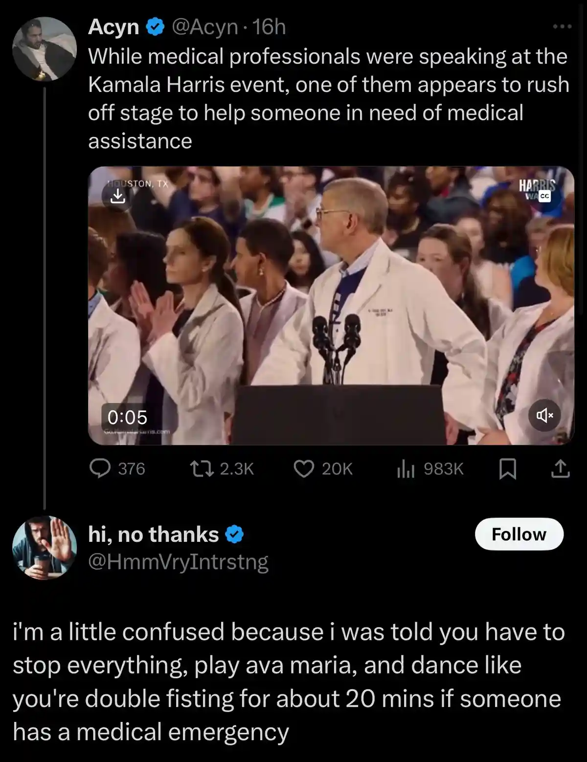 A screenshot of a Twitter thread shows a video clip of medical professionals in white coats at a Kamala Harris event. One…