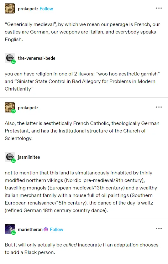 A screenshot of a social media thread where users humorously describe a 'generically medieval' setting by mixing European…