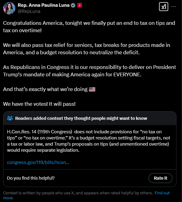 A screenshot of a tweet from Rep. Anna Paulina Luna claiming her party will end taxes on tips and overtime, pass tax relief…