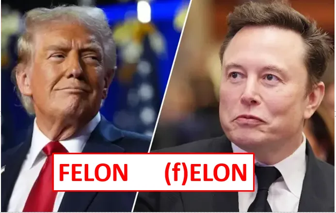 The image shows a split-screen with Donald Trump on the left and Elon Musk on the right. A red-bordered white box at the…