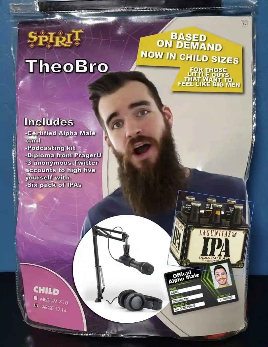 A child-sized Halloween costume package labeled 'TheoBro' features a photo of a bearded man with an exaggerated expression…