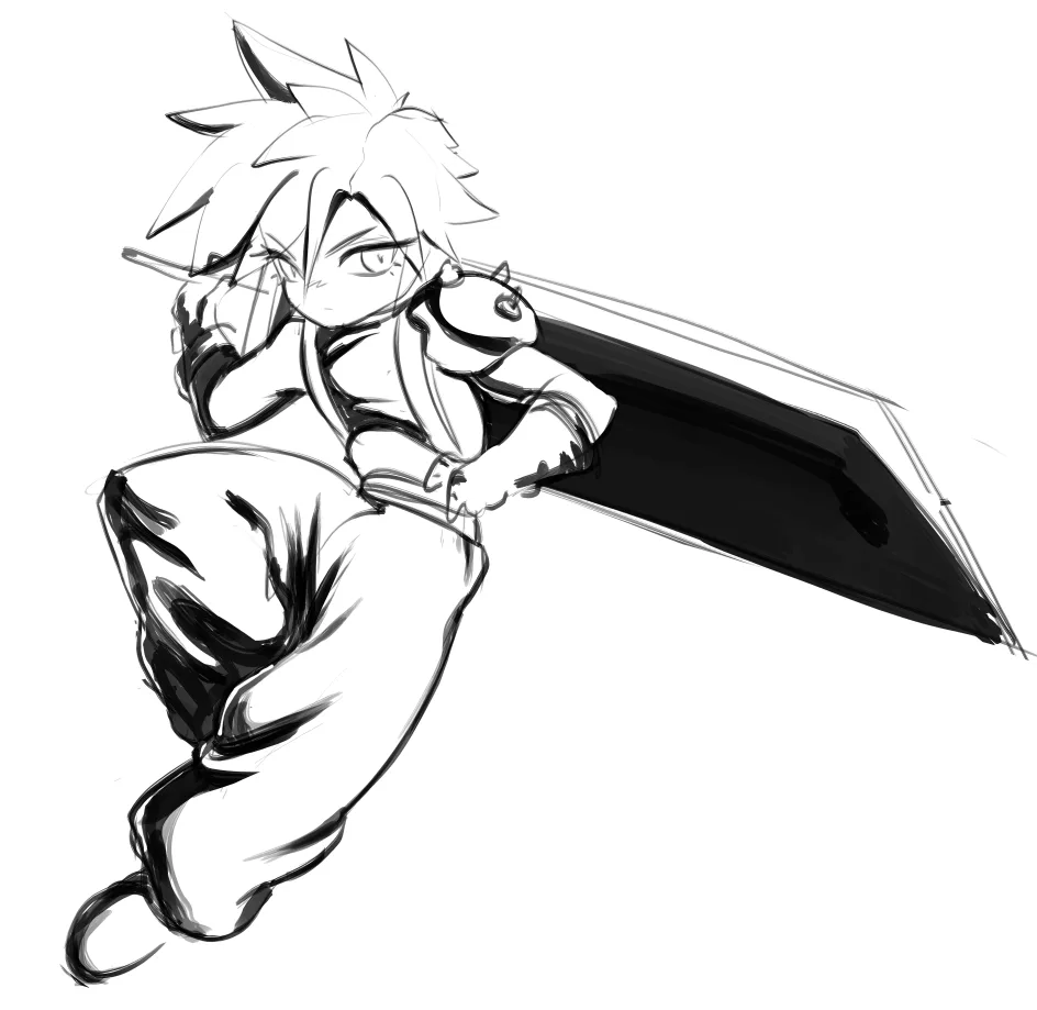 A black-and-white sketch of an anime-style character with spiky hair, wearing a cape and holding a large sword, posed in a…