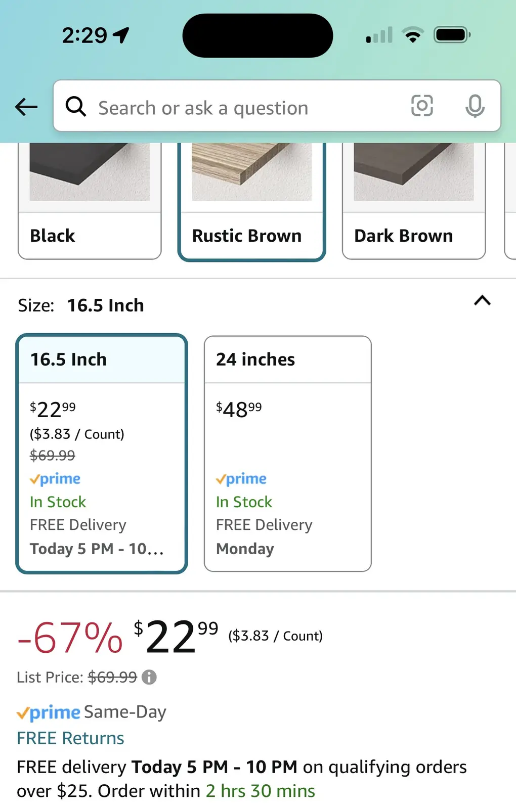 A screenshot of an Amazon product page showing a 16.5-inch item priced at $22.99, marked down 67% from $69.99, with 'In…