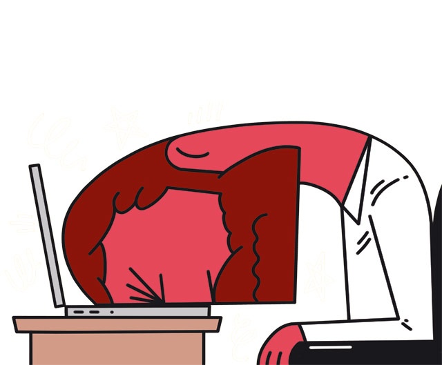 A cartoon person with red hair and a white shirt is slumped over a laptop on a desk, their head buried in the keyboard as if…