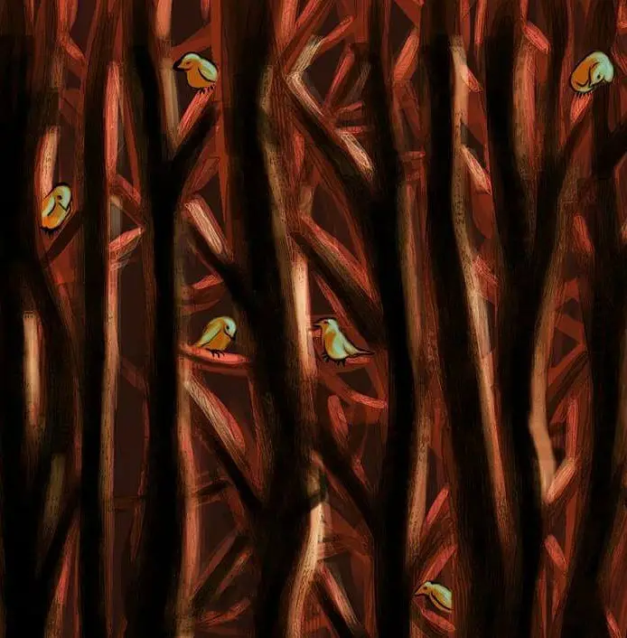 An illustration of small, colorful birds perched among dense, dark brown tree branches. The birds are scattered throughout…