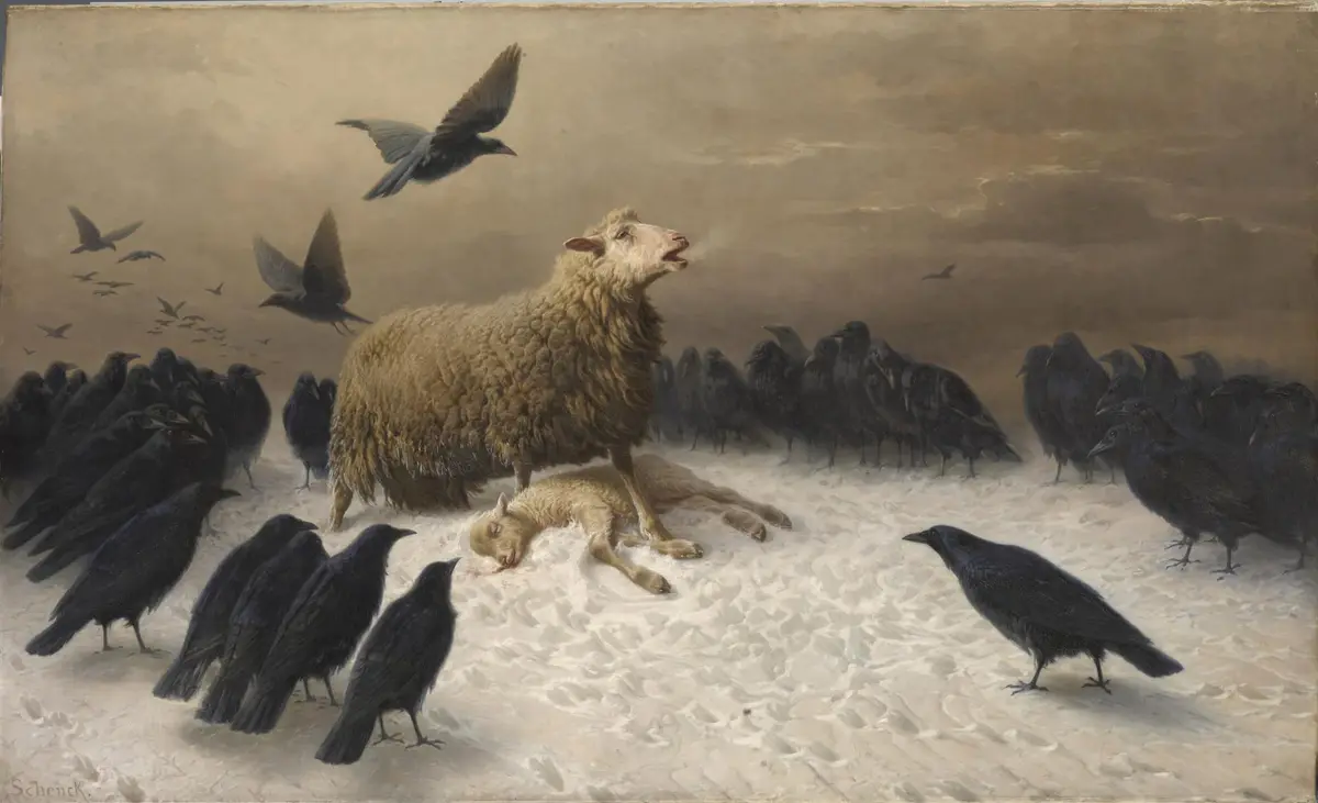 A classical painting depicts a distressed adult sheep with its mouth open in a scream, surrounded by numerous black crows on…