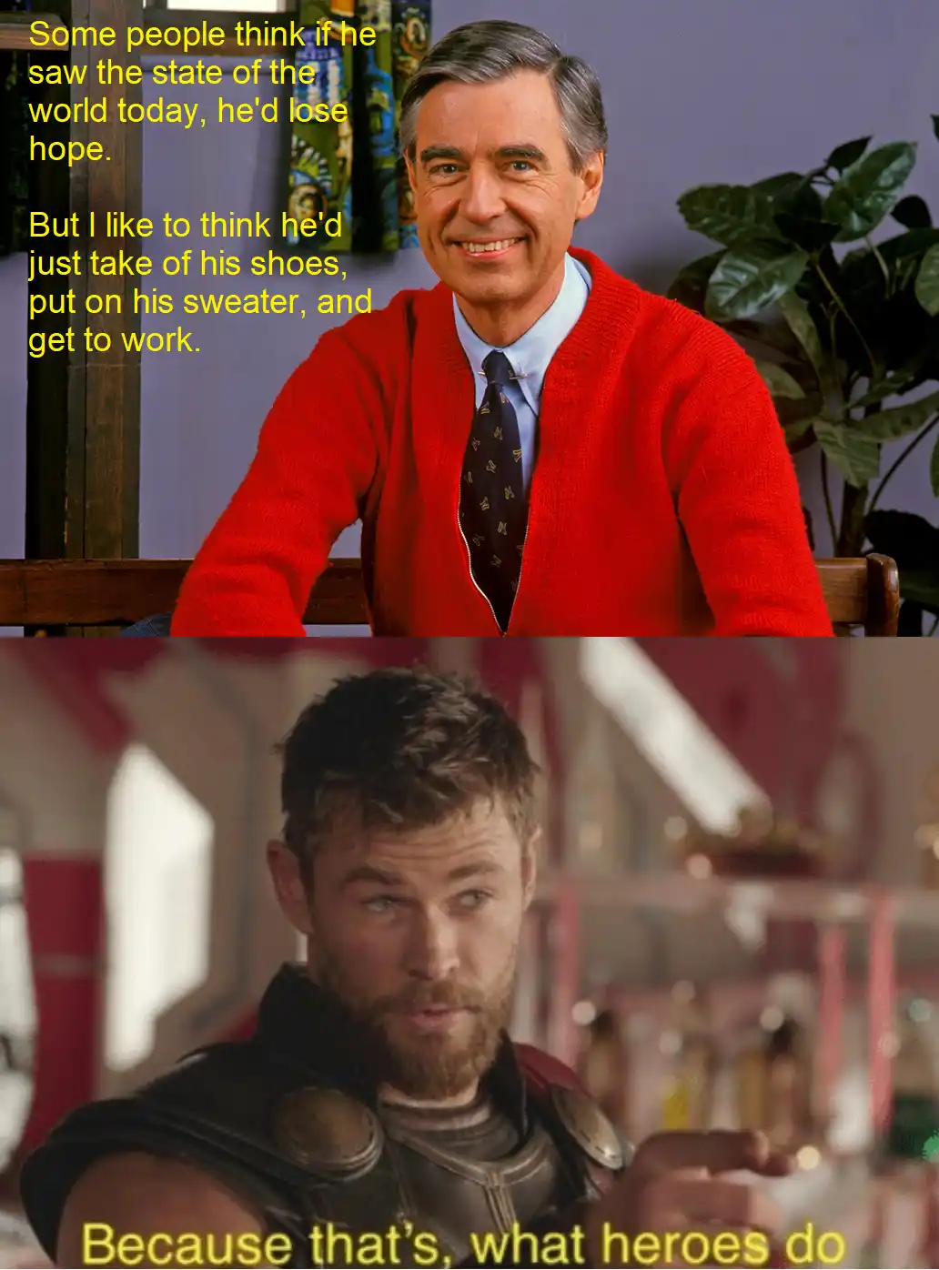 The image is a two-panel meme. The top panel shows a man in a red cardigan and tie smiling, with yellow text overlaid that…