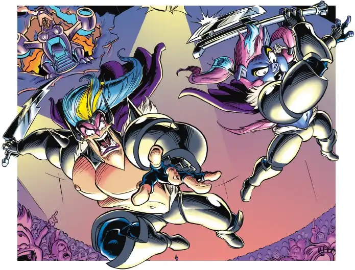 A comic book panel shows two muscular, armored, anthropomorphic characters in mid-air combat, one with blue and yellow hair…