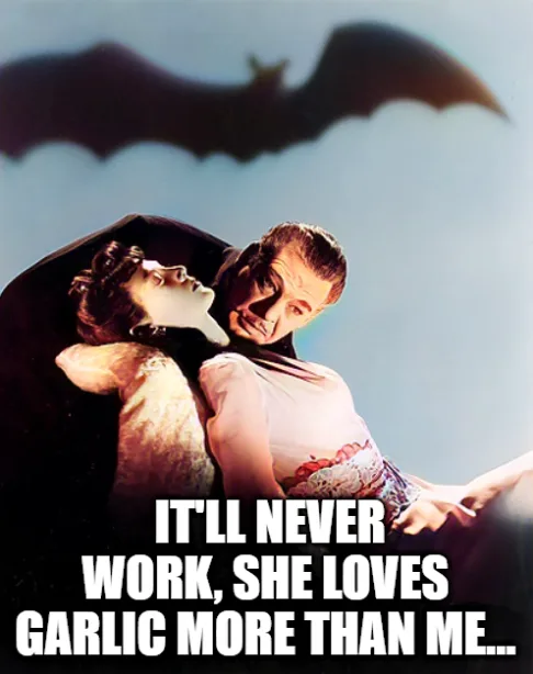 A still from the 1931 film 'Dracula' shows Bela Lugosi as Dracula holding a woman in his arms while a bat flies overhead…
