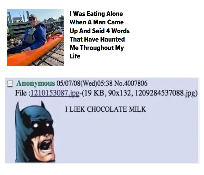 The image is a two-part meme. The top part shows a smiling man in a kayak on a dock with overlaid text reading 'I Was Eating…