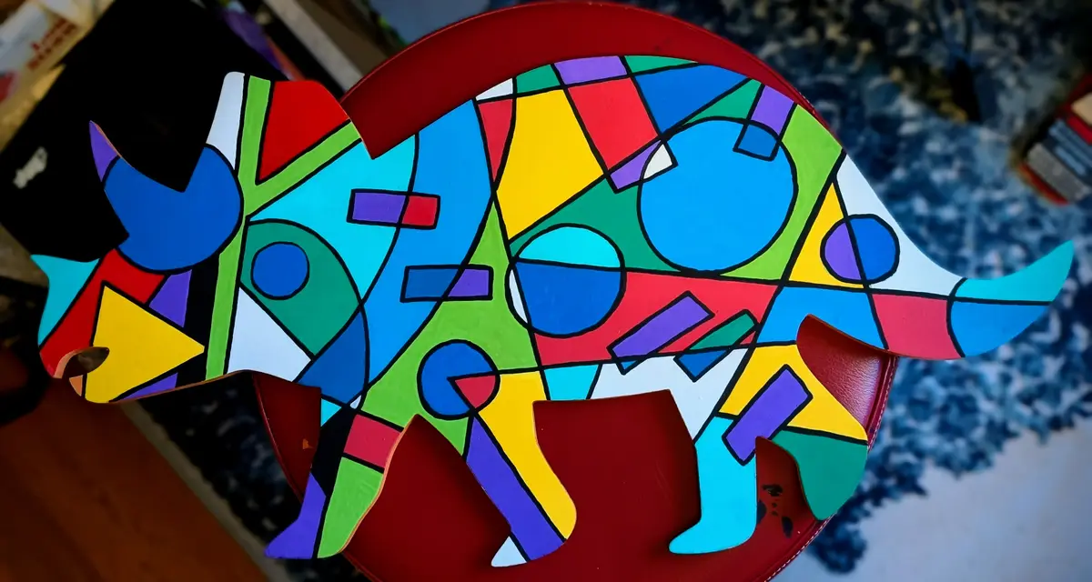 a vibrant, abstract artwork depicts a rhinoceros composed of many colorful geometric shapes like circles, triangles, and…