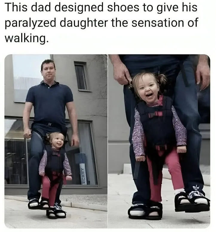 Two side-by-side photos show a man carrying a small child in a harness attached to his legs. The child is wearing a…