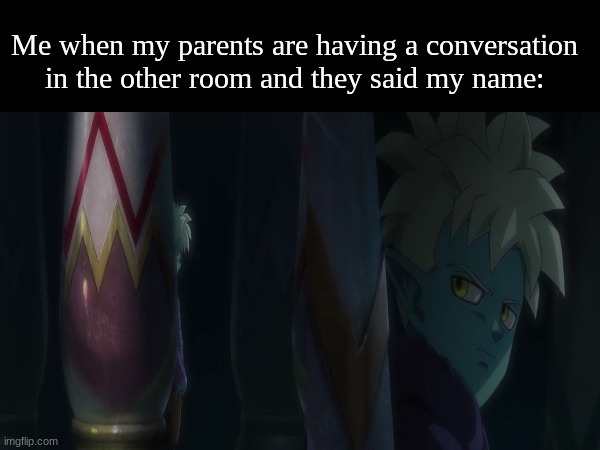 An anime character with blue skin and spiky white hair peeks around a pillar in a dimly lit room, looking intensely focused…