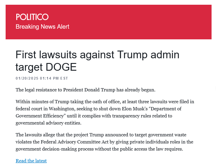 A screenshot of a Politico breaking news alert article titled 'First lawsuits against Trump admin target DOGE,' dated…