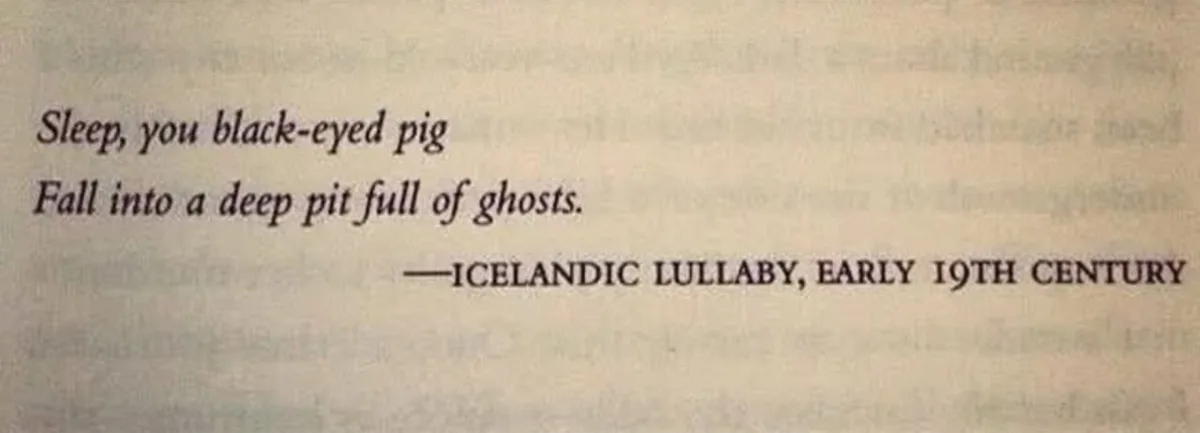 The image displays a close-up of printed text on aged, off-white paper. The text reads: 'Sleep, you black-eyed pig / Fall…