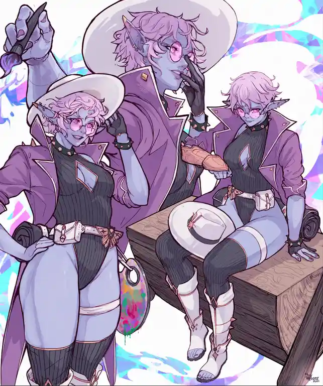 three identical-looking anime-style characters with purple skin, pink hair, and pink sunglasses are posed together. They…