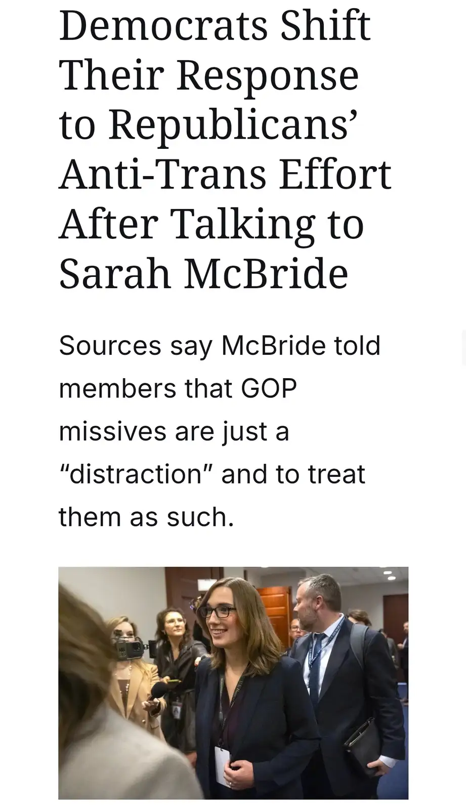 The image displays a news article headline about Democrats changing their stance on Republican anti-trans efforts after…