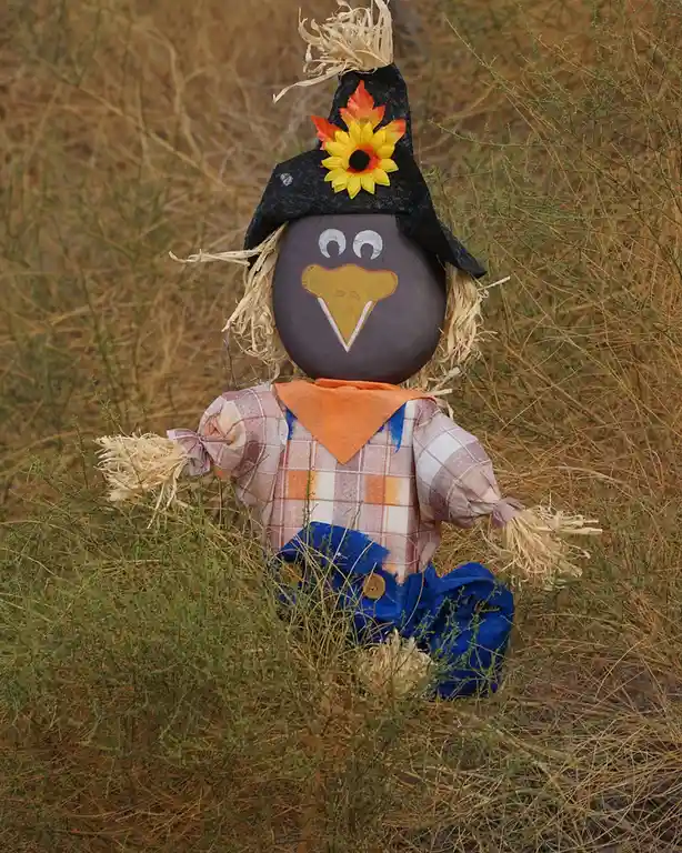 A scarecrow made from a painted rock head with googly eyes and a yellow beak, wearing a plaid shirt, blue pants, and a black…