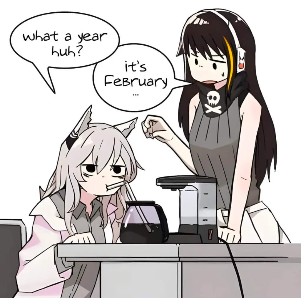 Two anime-style girls are at a counter; one with silver hair and cat ears sips from a black pitcher with a straw, while the…