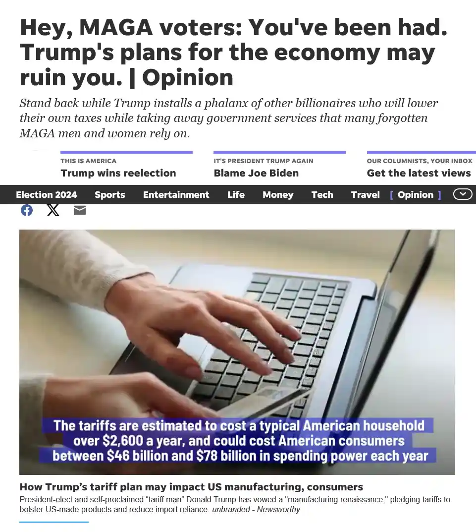 A screenshot of a news article with a headline reading 'Hey, MAGA voters: You've been had. Trump's plans for the economy may…