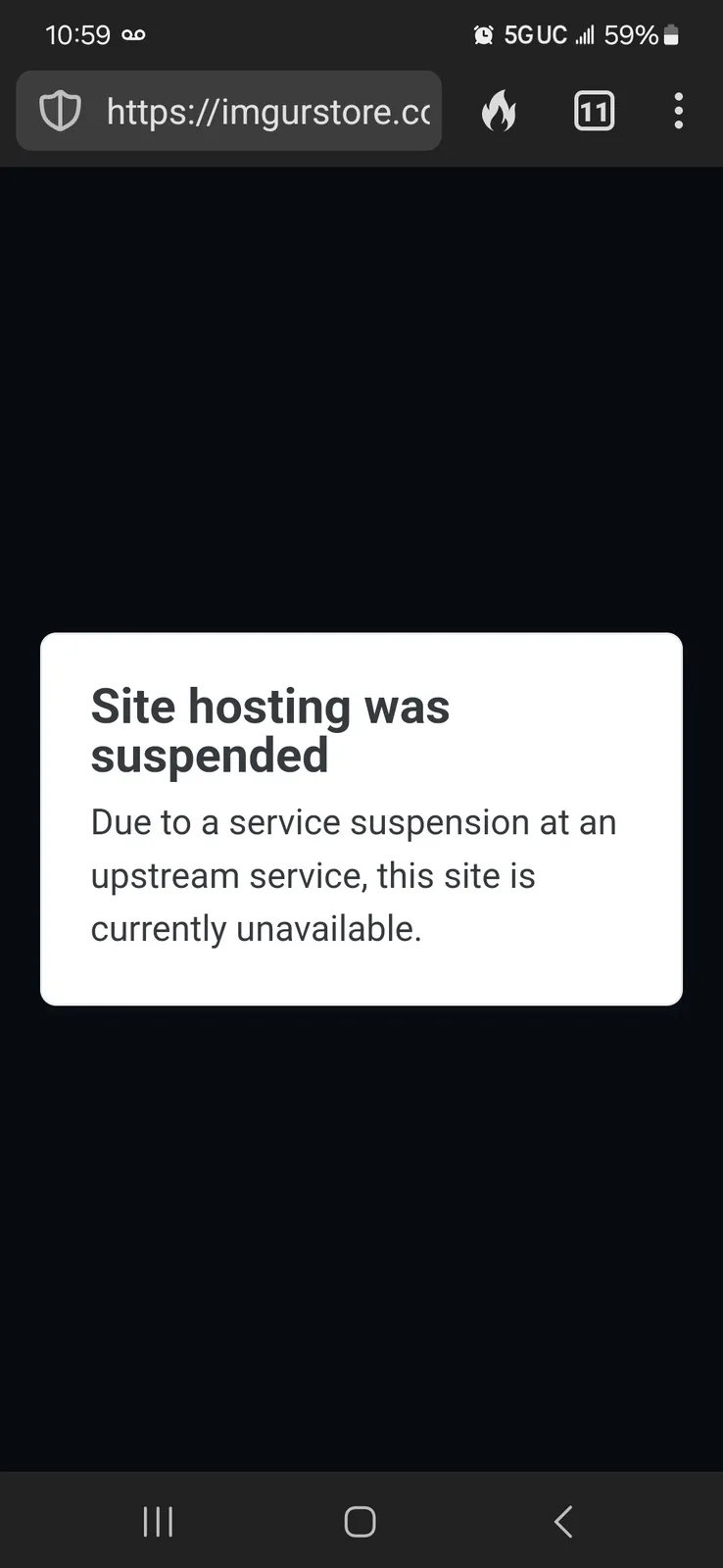 A smartphone screen displays a website error message on a black background. The white rectangular notification box reads…