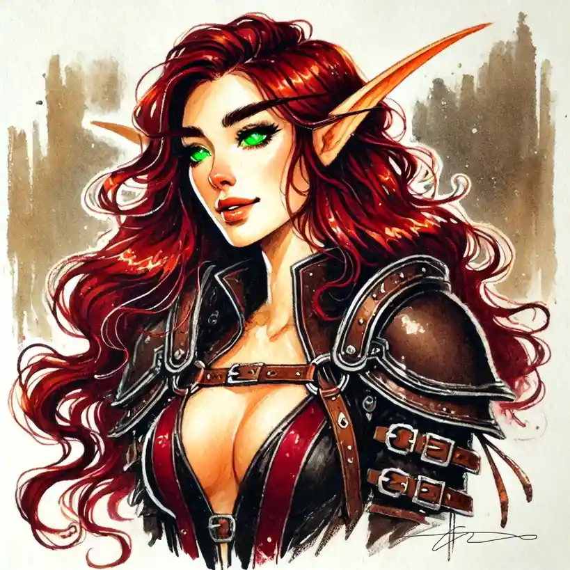 A fantasy illustration of a female elf with long red hair, green eyes, and pointed ears, wearing revealing dark leather and…
