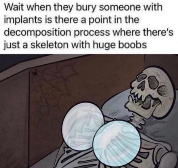 A cartoon skeleton lies in a coffin with two large, round, translucent implants visible where its chest should be. The text…